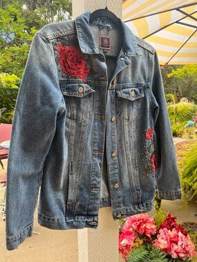 Boom Boom New Jean Denim Jacket with Red Gorgeous Florals, Size S